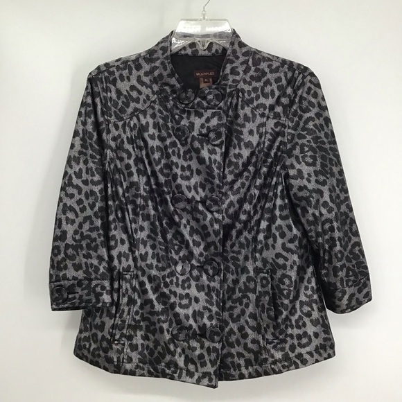 Multiples Leopard Print Shiny 3/4 Sleeve Double Breasted Light Jacket Size PL - Picture 1 of 9